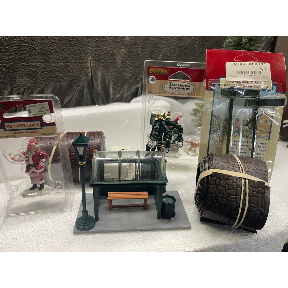 Lemax Village Collection Town Bundle 7pc Bus Stop Santa Lighted Lamps Signs Road